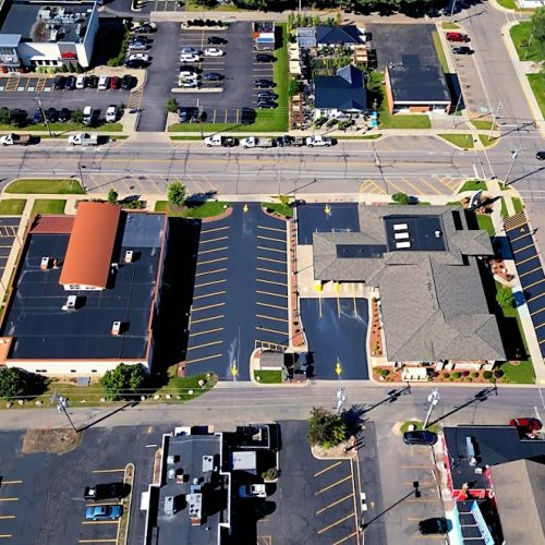 Aerial view of the sealcoated and line-striped parking lot at the Bank of Wisconsin Dells Lake Delton Branch, Lake Delton, WI.